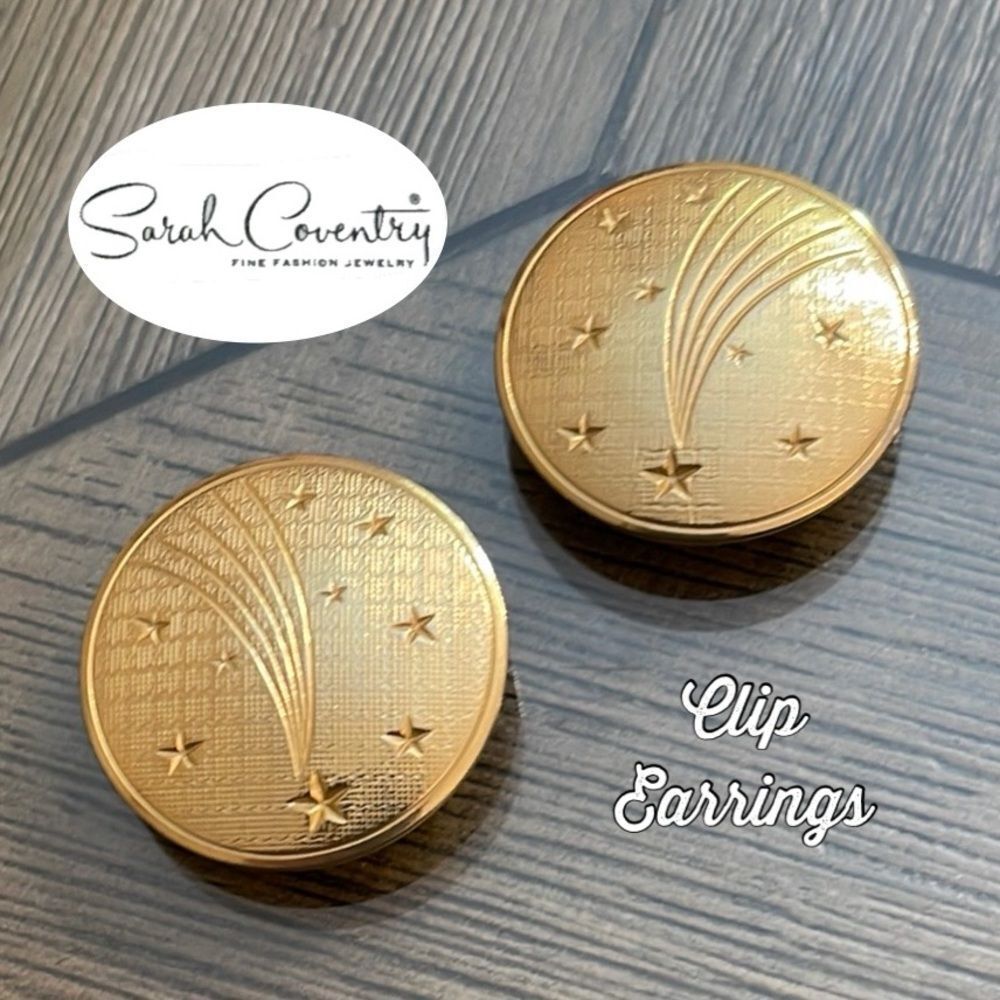 Vintage Sarah Coventry Round Button Shooting Star Gold-tone Clip Earrings